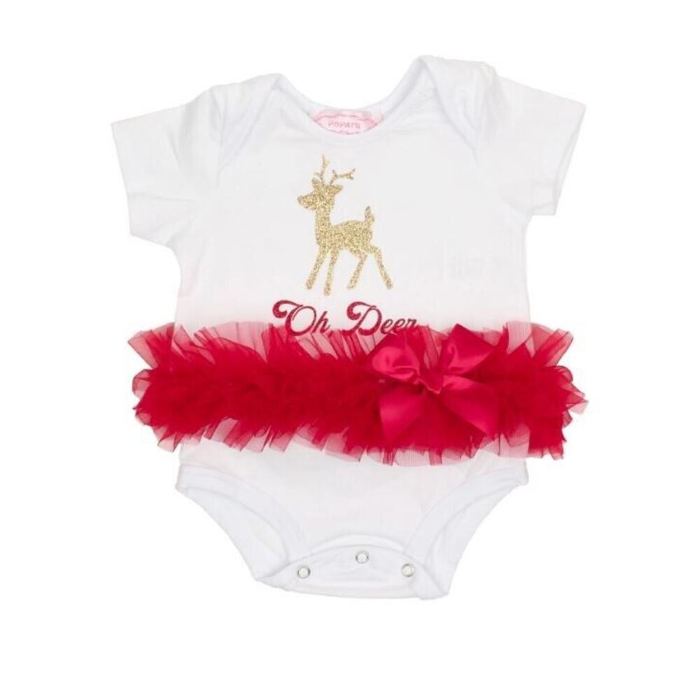 Popatu Baby Girl "Oh Deer" Christmas Skirted Tutu Bodysuit Red/White 3-6mths $29
